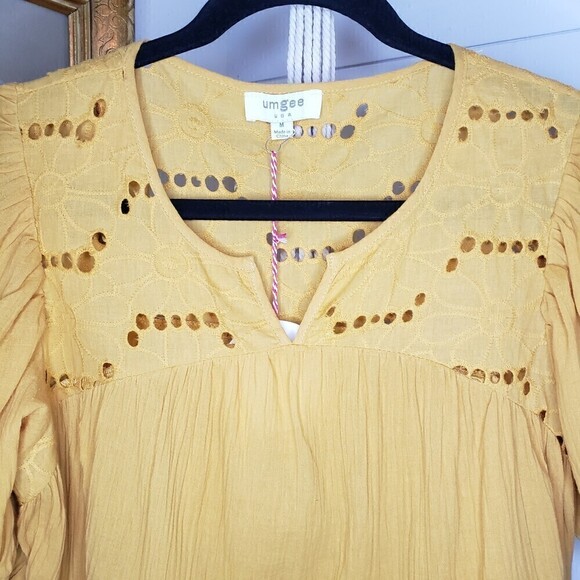 Umgee New Mustard Eyelet Floral Embroidered Boho Short Sleeve Top M - Picture 6 of 10